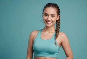 AI Generated A fit woman with braided hair in an aqua tank top smiles confidently. Her appearance is strong and empowering. photo