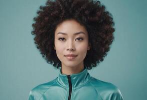 AI Generated A confident woman with curly hair dressed in a teal zip-up. Her composed expression exudes confidence and poise. photo