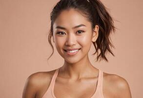 AI Generated A smiling athletic woman in a pink sports tank. Her upbeat expression reflects an active and healthy lifestyle. photo