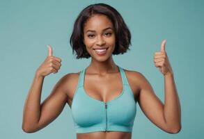 AI Generated A fitness woman in a sports bra giving double thumbs up. Her confident smile suggests a positive and active lifestyle. photo