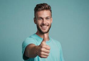 AI Generated A man with a light beard smiling and giving a thumbs up. He's wearing a light blue t-shirt and exudes confidence. photo