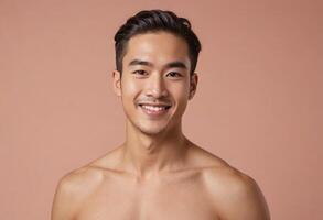 AI Generated A bare-chested man with a beaming smile. Exemplifies health and well-being. photo