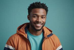 ai generado un alegre hombre en un chaqueta terminado un verde azulado camiseta sonriente calurosamente a el cámara. su atuendo sugiere un casual aún elegante comportamiento. foto