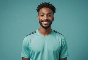 AI Generated A man with an afro hairstyle in a soccer jersey poses casually, looking relaxed and cheerful. photo