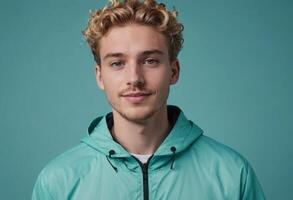 AI Generated A young man with curly blond hair in a teal jacket smiling casually against a teal background. photo