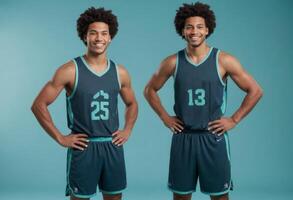 ai generado dos sonriente baloncesto jugadores en pareo equipo jerseys posando juntos. foto