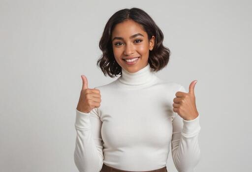 ai generado mujer en blanco suéter tipo con cuello de tortuga dando dos pulgares arriba. ella exuda positividad y aprobación. foto
