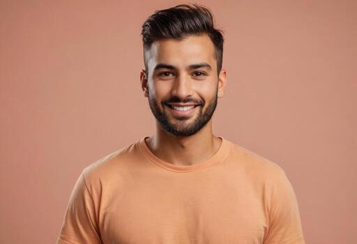 AI Generated Man with beard smiling cheerfully in a peach tee. Conveys a sense of friendliness and casual style. photo