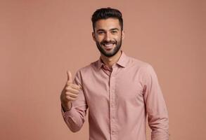 AI Generated A confident man in a pink shirt showing thumbs up, peach background. He looks assured and positive. photo