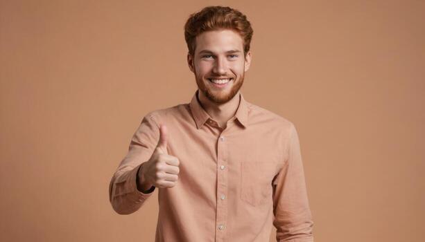 AI Generated A cheerful redhead man giving a thumbs up, peach background. He exudes friendliness and optimism. photo