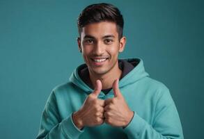 AI Generated A smiling man in a teal hoodie giving a thumbs up, blue background. His casual look and friendly gesture express positivity and approachability. photo