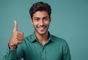 AI Generated A happy man with a charming smile giving a thumbs up, blue background. His confident posture speaks of satisfaction and agreement. photo