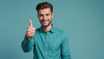 AI Generated A stylish man with a neat beard giving a thumbs up, blue background. His smart appearance and positive gesture indicate confidence. photo