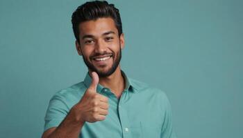 AI Generated A cheerful man with a goatee giving a thumbs up, blue background. His inviting smile and casual style convey approachability and positivity. photo