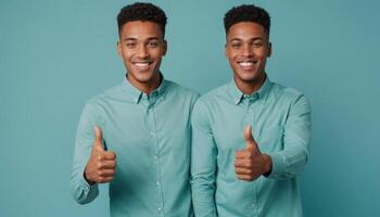 AI Generated Two identical young men giving thumbs up, blue background. Their twin appearance and coordinated gestures suggest unity and agreement. photo