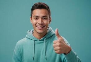 AI Generated A friendly young man in a teal hoodie giving a thumbs up, blue background. His engaging smile and relaxed posture suggest approachability and warmth. photo