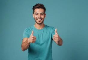 AI Generated A cheerful man in a teal shirt with two thumbs up, blue background. His bright smile conveys enthusiasm and certainty. photo