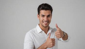 AI Generated A smiling man in a white shirt giving a thumbs up, grey background. He portrays a professional and agreeable attitude. photo