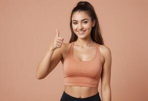 AI Generated A positive young woman in fitness attire giving a thumbs up, peach background. Her athletic figure and enthusiastic gesture indicate a proactive and health-conscious attitude. photo