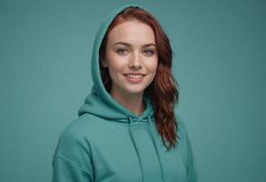 AI Generated A casual woman in a teal hoodie smiling, teal background. Her relaxed demeanor and comfortable wear suggest ease and a laid-back personality. photo