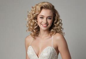 AI Generated A radiant woman with curly blonde hair and an elegant demeanor, grey background. Her glamorous style and beaming smile portray confidence and joy. photo