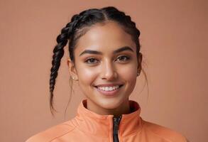 ai generado un contento mujer con trenzado pelo en un naranja activo vestir chaqueta, melocotón antecedentes. su brillante sonrisa y casual actitud exudar positividad y un activo espíritu. foto