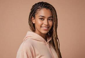 AI Generated A young woman with braided hair smiles confidently. Her relaxed posture and casual hoodie suggest a laid-back style. photo