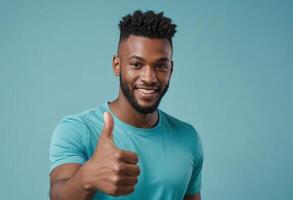 AI Generated A smiling man in a casual t-shirt gives a thumbs up. His approachable look and cheerful expression make for a welcoming presence. photo