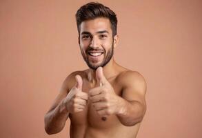 AI Generated A shirtless man with a beard gives double thumbs up. His confident smile and toned physique suggest a commitment to fitness. photo