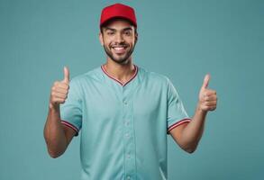 AI Generated A man in a baseball cap and casual shirt gives double thumbs up. His sporty look and beaming smile reflect a relaxed, active vibe. photo