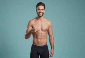 AI Generated An athletic man with a thumbs up gesture. His sporty appearance and the teal background emphasize a lifestyle of health and fitness. photo