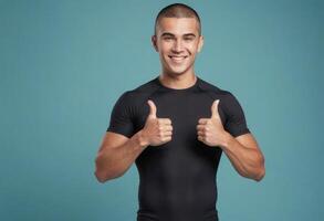 ai generado un atlético hombre en un negro compresión camisa da dos pulgares arriba. su confidente sonrisa y ajuste apariencia sugerir un activo estilo de vida. foto