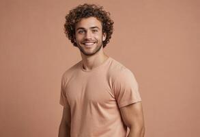 ai generado un alegre hombre con Rizado pelo sonrisas en un melocotón camiseta. su casual actitud y alegre expresión transmitir un simpático y animado espíritu. foto