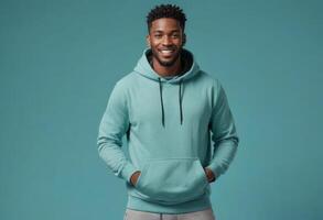 AI Generated A man in a teal hoodie with a beaming smile gives a thumbs up. His casual look suggests comfort and a laid-back style. photo