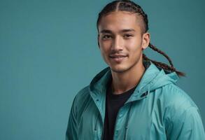 AI Generated A casual man with braided hair in a teal jacket offers a relaxed look. His comfortable outerwear and laid-back style convey ease and approachability. photo