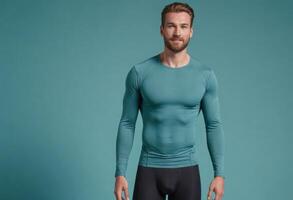 AI Generated A fit man in teal athletic wear stands confidently. His athletic build and positive demeanor suggest an active and healthy lifestyle. photo