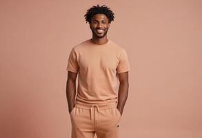 AI Generated A man in a coordinated peach outfit stands confidently. His casual yet stylish look indicates a laid-back, fashionable approach to everyday wear. photo