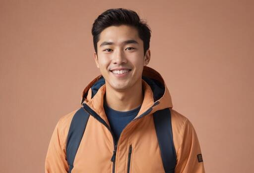 AI Generated A cheerful man in a vibrant orange jacket, smiling warmly. The jacket and the joyful expression signal an adventurous outdoor lifestyle. photo
