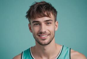 AI Generated A cheerful man in a teal tank top smiles at the camera. His casual attire and friendly expression communicate a laid-back, approachable vibe. photo