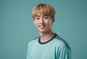 AI Generated A cheerful man with blonde hair smiles in a soccer kit. His athletic look and joyful expression reflect a sporty and active lifestyle. photo