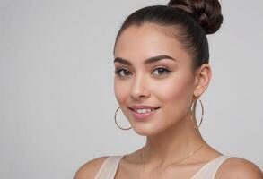 AI Generated A smiling woman with an elegant look, wearing subtle makeup. Her simple attire and hoop earrings give a touch of sophistication. photo