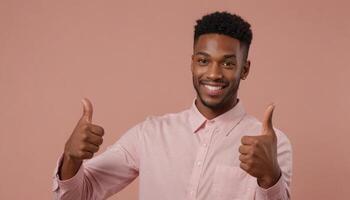 AI Generated A happy young African descent man showing thumbs up, pink background. He looks pleased and content. photo