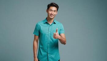 AI Generated A friendly young man with a single thumbs up, blue background. His casual stance and smile suggest positivity and friendliness. photo