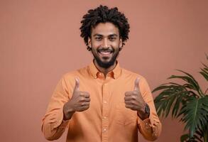 AI Generated A joyful man with curly hair giving double thumbs up, peach background with plant. He radiates happiness and assurance. photo