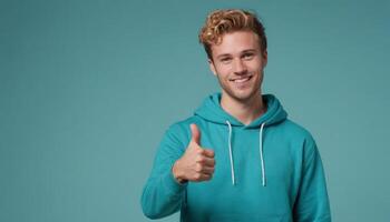 AI Generated A joyful blonde man in a teal hoodie giving a thumbs up, blue background. His casual style and cheerful smile express friendliness and positivity. photo