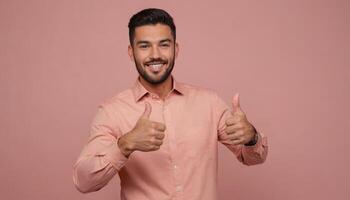AI Generated A smiling man with a beard giving double thumbs up, peach background. His expression is friendly and confident. photo