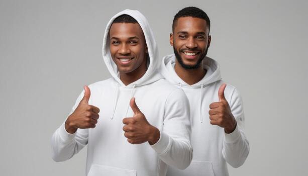 AI Generated Twin men in white hoodies giving thumbs up, grey background. Their identical gestures and attire suggest harmony and positive vibes. photo