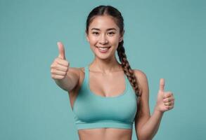 AI Generated A positive and smiling woman in a sports bra giving double thumbs up, teal background. Her enthusiastic gesture and fit physique reflect a dedication to wellness and exercise. photo