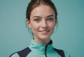 AI Generated A smiling woman in a turtleneck, teal background. Her subtle makeup and soft gaze portray sophistication and approachability. photo