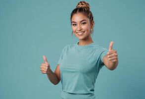 ai generado un alegre mujer en un casual azul tee dando pulgares arriba, verde azulado antecedentes. su optimista actitud y casual estilo reflejar un simpático y positivo panorama. foto